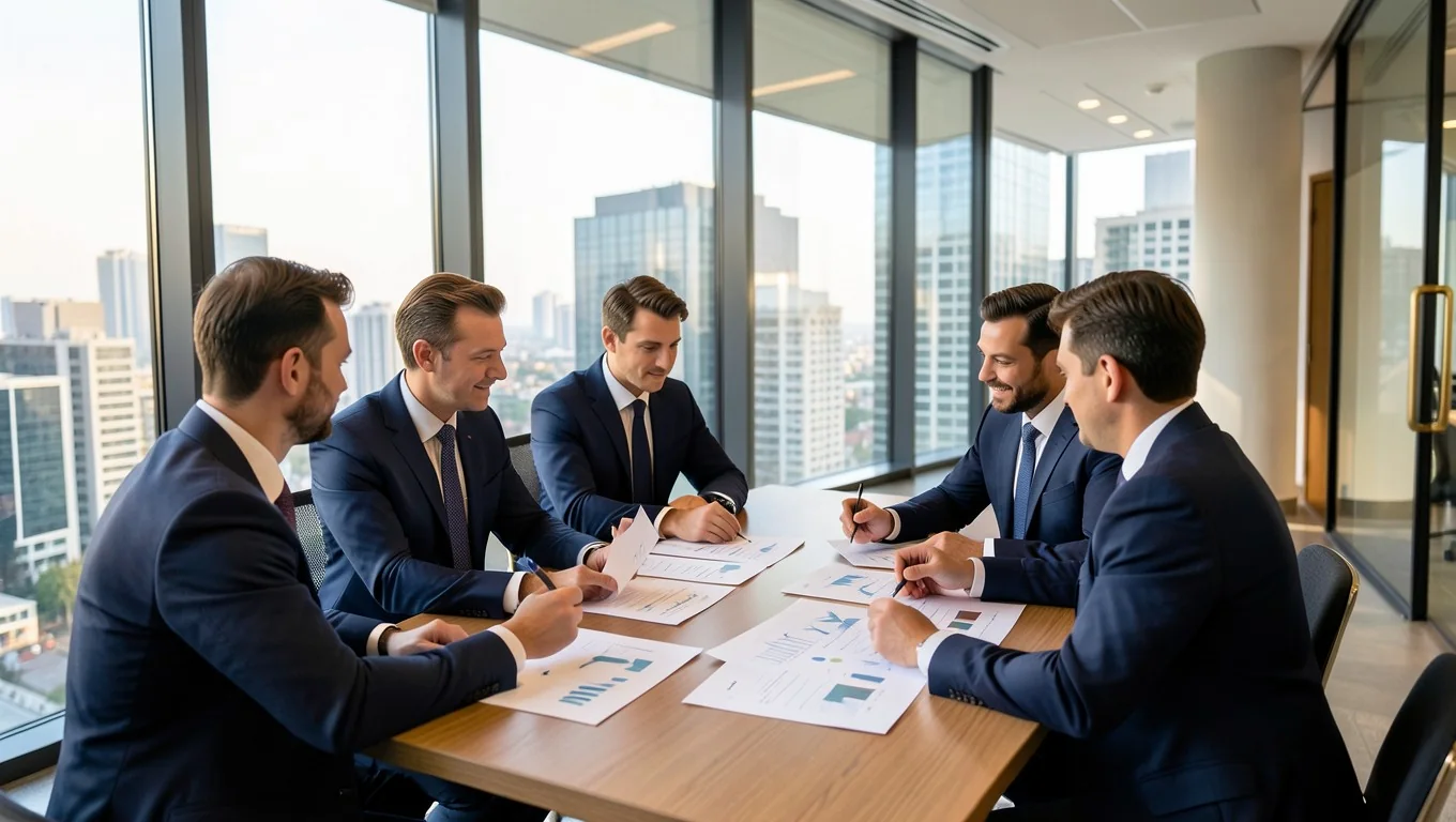 Profesionales analizando informes financieros en una oficina contemporánea