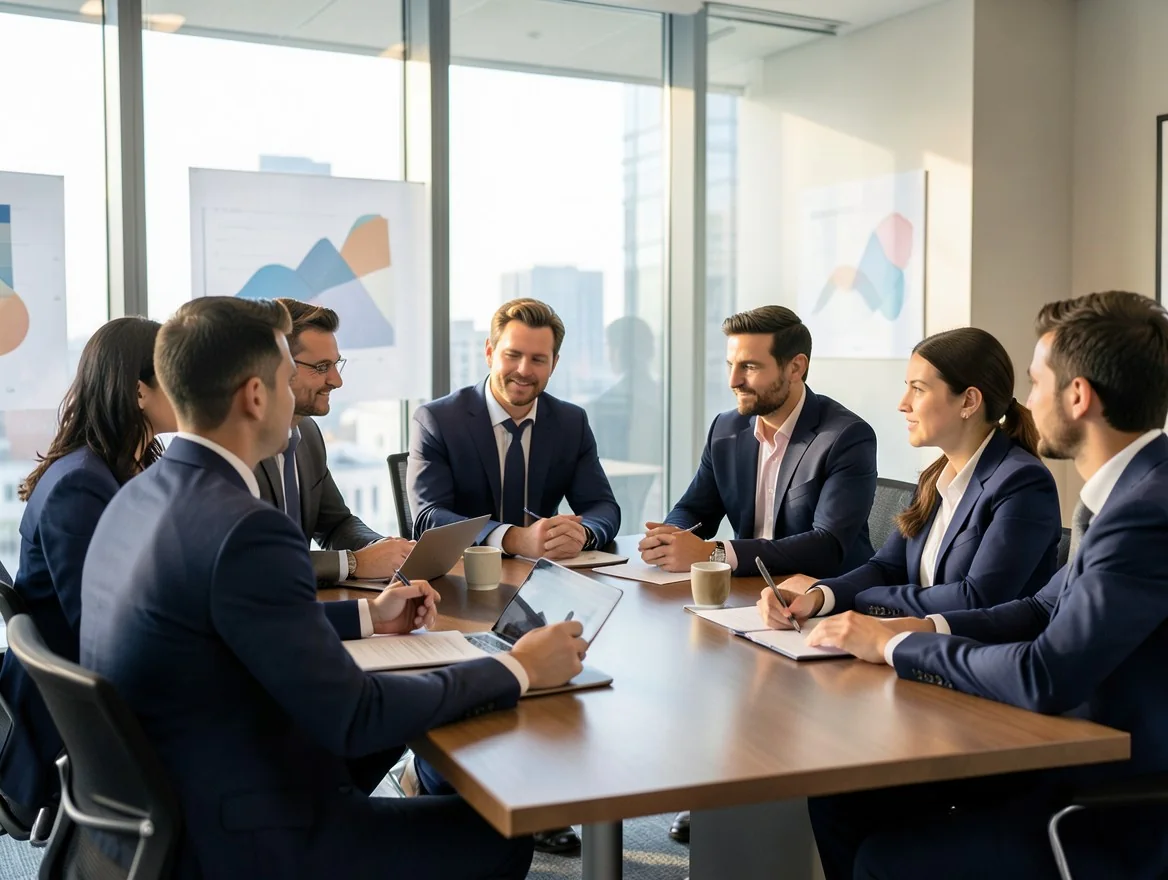 Equipo de consultoría empresarial dialogando en una reunión de planificación